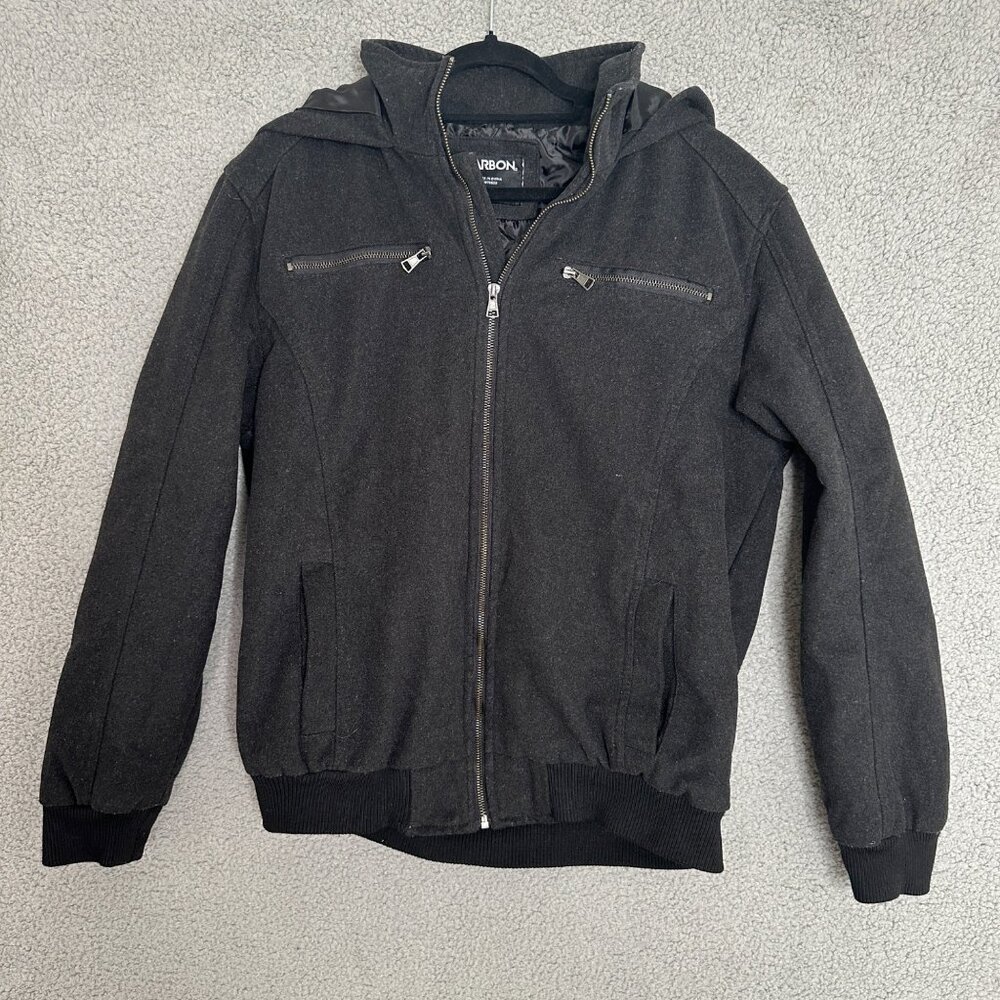 Carbon Jacket Mens Size Large Black Hooded Quilted Lined Full‎ Zip Casual Preppy